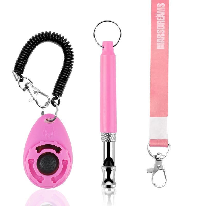 MARSDREAMS Pet Training Clicker Whistle -Training Behaviour Aids Accessories for Puppies with Lanyard - Barking Control Device - Long Range Adjustable Frequency - Pack of 3 - Pink